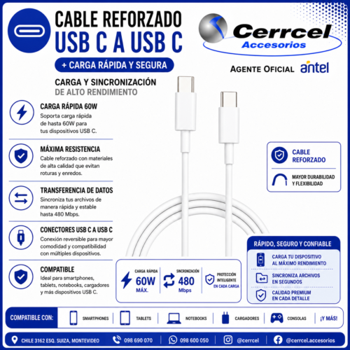 Cable Reforzado USB-C a USB-C Premium de Carga Rápida