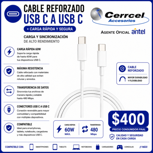 Cable Reforzado USB-C a USB-C Premium de Carga Rápida
