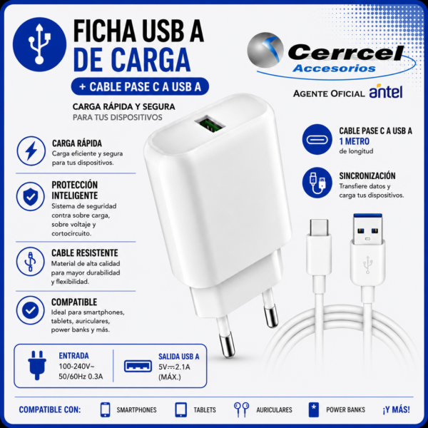 Cargador USB 2.1A con Cable USB-C