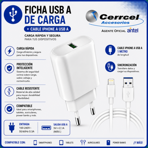 Cargador USB 2.1A + Cable de Carga Rápida Lightning
