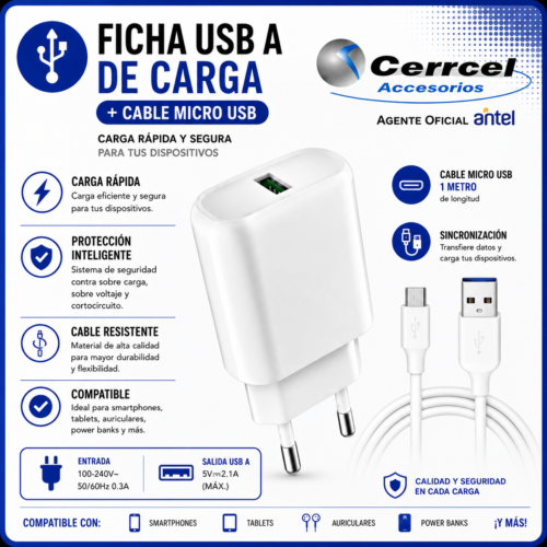 Cargador USB 2.1A + Cable de Carga Rápida Micro USB