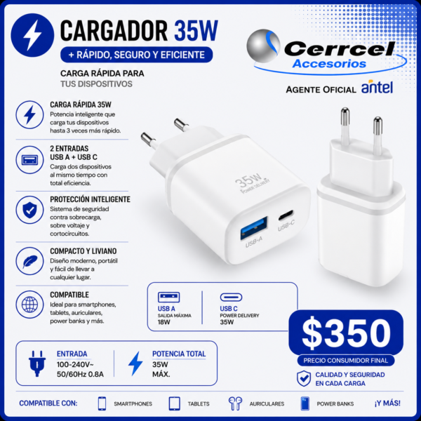 Fuente de Carga 35W USB-C y USB-A de Carga Rápida