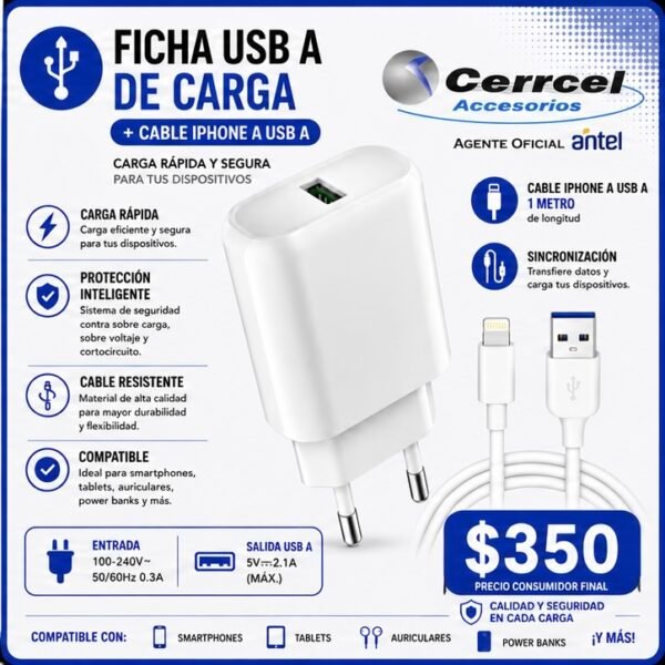 Cargador USB 2.1A + Cable de Carga Rápida Lightning